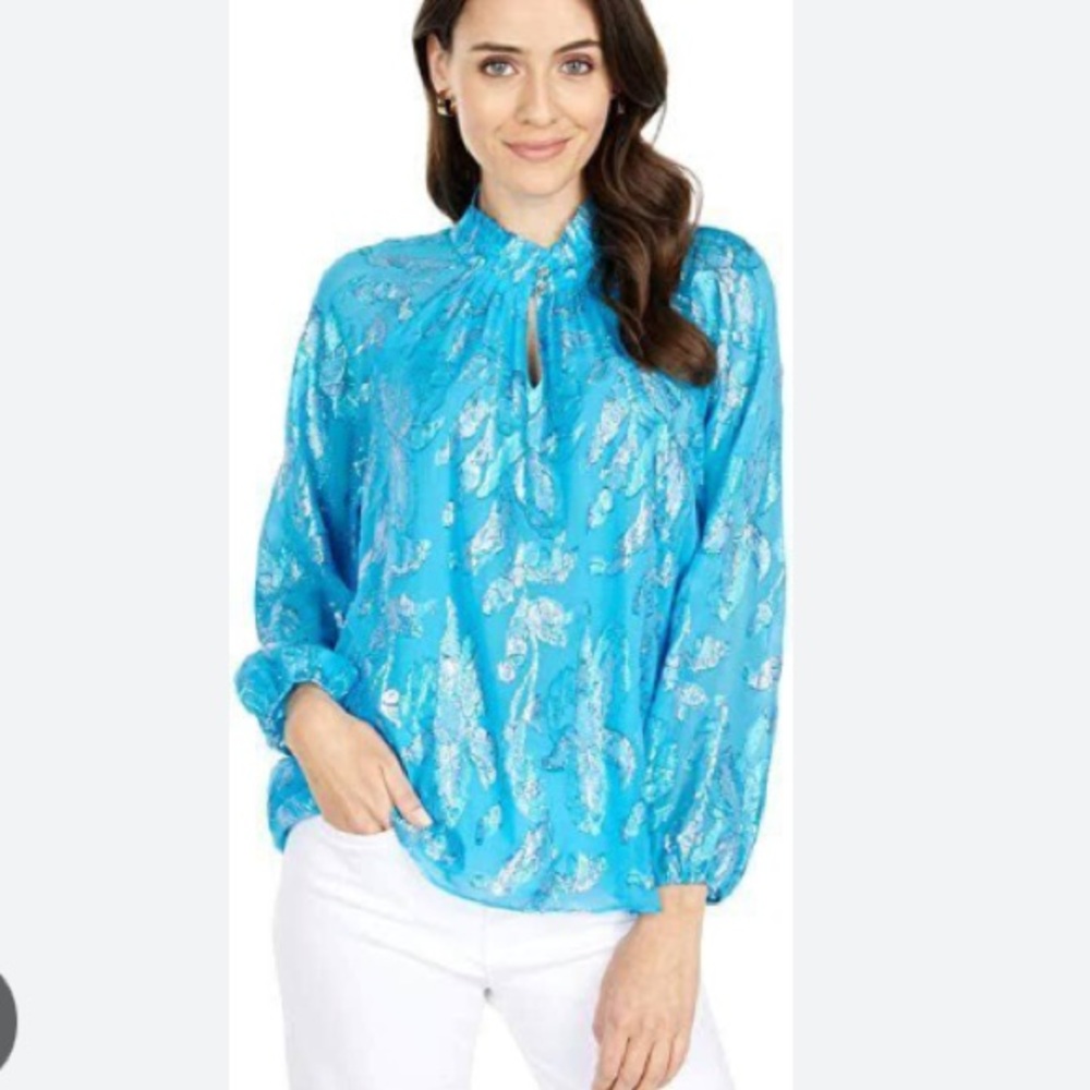 NWOT Lilly Pulitzer Galiana metallic turquoise blue silk blouse S - Picture 2 of 15